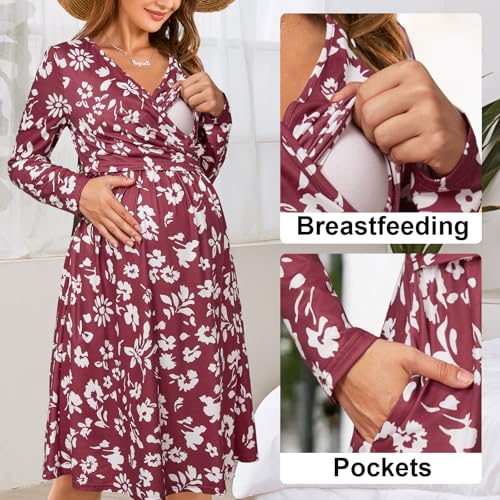 OUGES Women's Nursing Breastfeeding Pocket Fall Baby Shower Maternity Dress - color: White Floral Red, size: Large