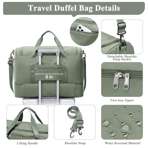 Travel Duffel Bag,Carry-On Overnight Weekender Bags with Shoes Compartment - color: Olive Green, size: Small