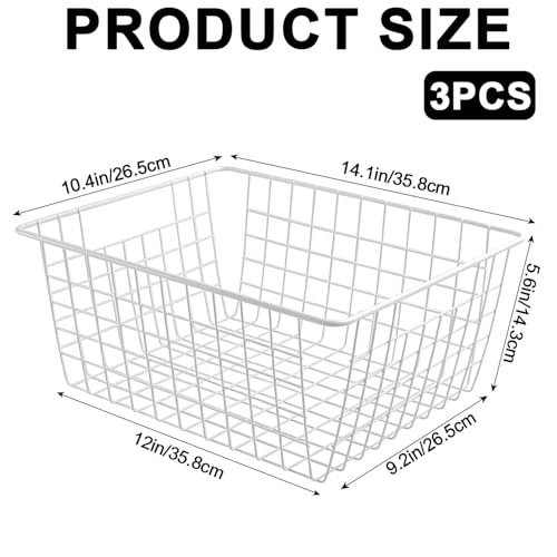 3 Pack White Wire Baskets,14.1"x10.4"x5.6", Wire Freezer Storage Organizer Bins with Handles for Cabinets, Pantry, Closets, Bedrooms - size: 14.1"x10.4"(white)