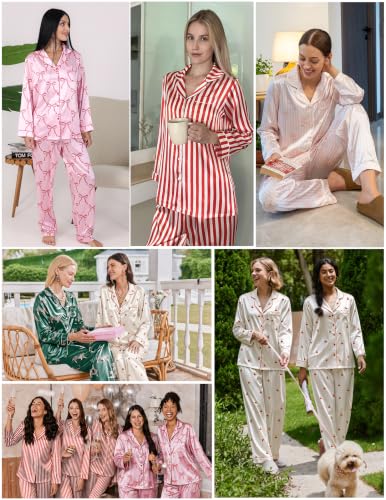 Ekouaer Silk Satin Pajamas for Womens Button Up Long Sleeve Pjs Lounge Set - color: Dog Print, size: Large