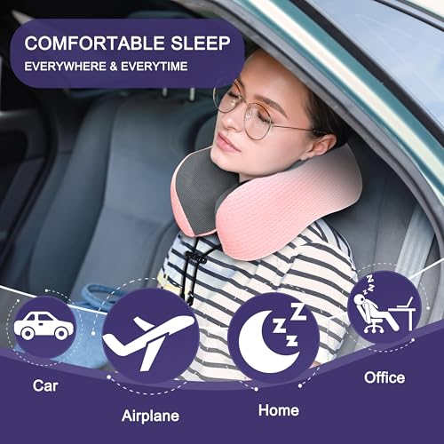 napfun Neck Pillow for Travel, Memory Foam Airplane Pillow, Pink - color: Pink