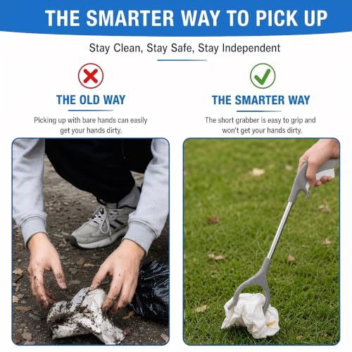 2Pcs Short Grabber Reacher Tool, Stainless Steel Small Trash Picker Upper Grabber with Non-Slip Ergonomic Handle for Elderly, Disabled, Sanitation Workers(16 Inch)