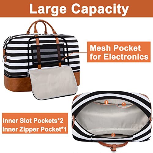TIBES Travel Weekender Bag for Women, Overnight Bag with Shoe Compartment - color: L-Black & White Strips
