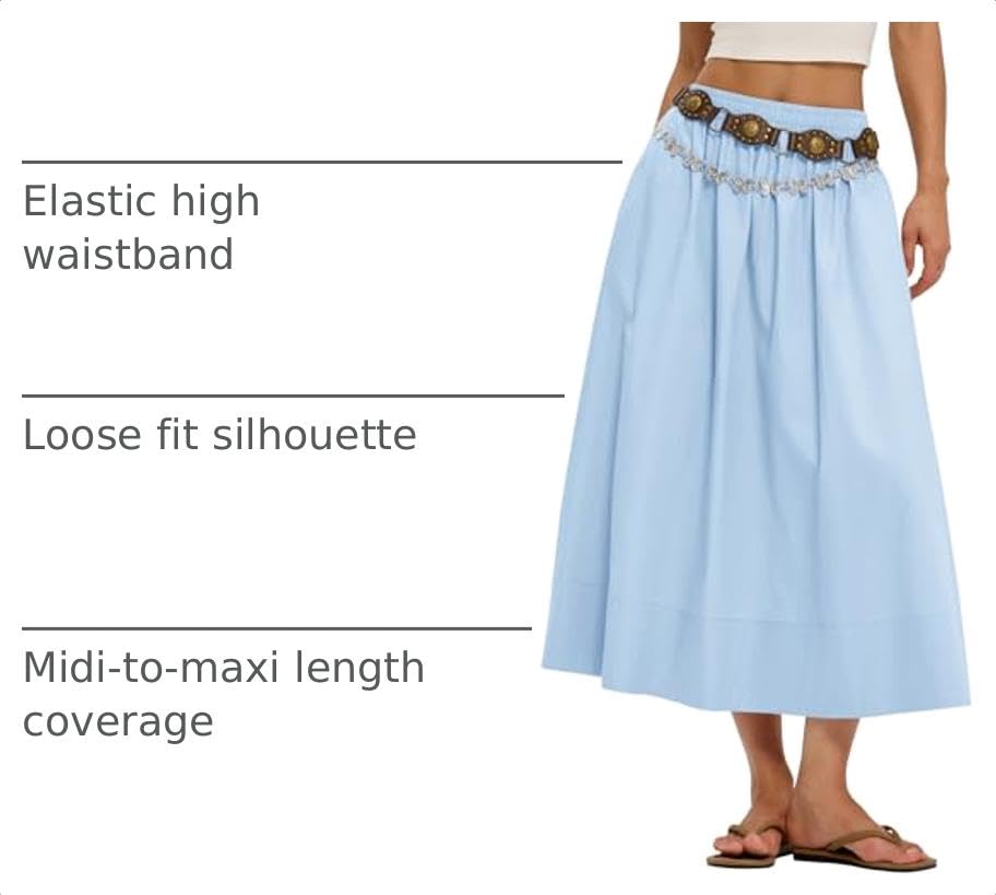 LOMON Midi Skirts for Women with Pockets A-Line Cotton Flowy Elastic Waist - color: Sky Blue, size: Small