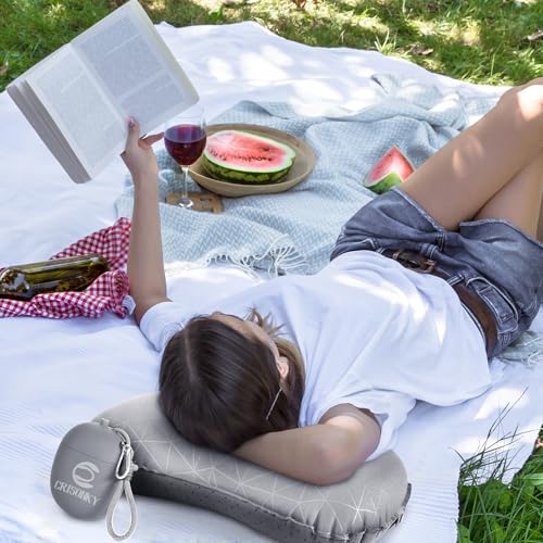 Crisonky Camping Pillow, Inflatable Pillow with 2-in-1 Air Pump Storage Bag - color: Grey