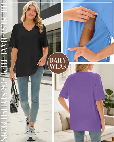 4 Pack Women's Oversize Nursing Tops - color: Sky Blue, Purple, Light Brown, Black, size: Small