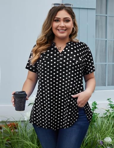 MONNURO Womens Plus Size Tops Button Down Tunic Plaid Shirts Casual Blouses - color: Black Polka Dot, size: 5X