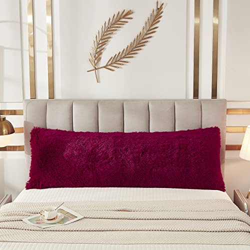 JAUXIO Faux Fur Fluffy Body Pillow Cover Luxury Shaggy Plush Decorative Solid Body Pillowcase, Ultra Soft and Cozy Zipper Closure 54 x 21 Inches, Burgundy - color: Burgundy