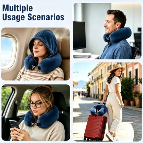 Stuffable Travel Neck Pillow with Hood, Soft Velvet Fabric,Blue - size: Type F