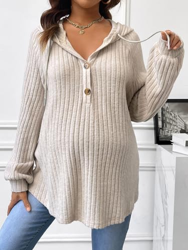 BEAUDRM Women's Maternity Half Button Sweatshirts Long Sleeve Ribbed Knit Pregnancy Shirt Spring Clothes - color: Khaki, size: X-Large