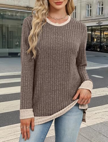 Sampeel Long Sleeve Shirts for Women Tunic Sweaters Fall Fashion Outfits - color: Brown, size: Medium