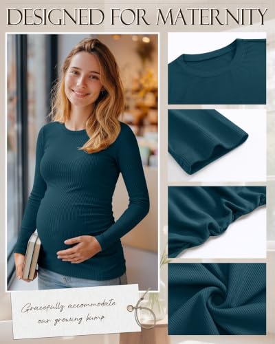 Ficerd 4 Pack Women's Maternity Shirts Long Sleeve Pregnancy Top - color: Black, Dark Green, Wine Red, Teal Blue, size: Large
