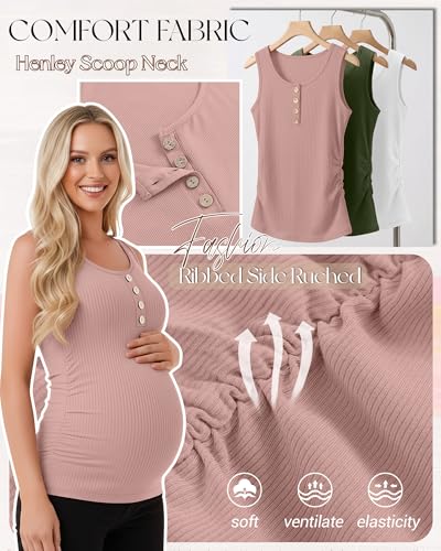 4 Pack Maternity Henley Tank Tops - color: Dusty Pink, Army Green, White, Black, size: XX-Large