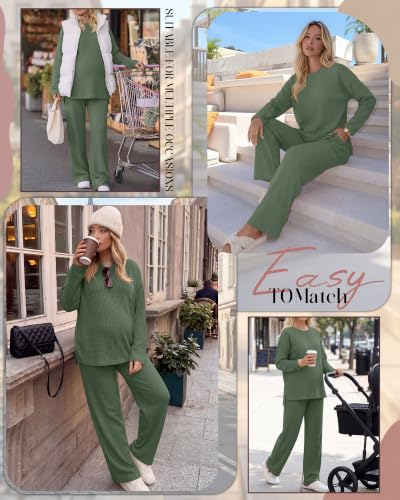 Huukeay Women's Maternity 2 Piece Waffle Outfits Lounge Set - color: Gray Green, size: X-Large
