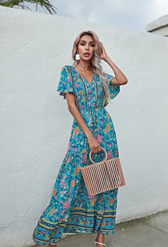 R.Vivimos Womens Summer Boho Floral Print V Neck Flowy Dress - color: Green, size: Small
