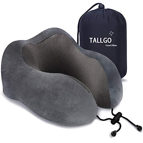 TALLGO Travel Pillow, Best Memory Foam Neck Pillow Head Support Soft Pillow for Sleeping Rest, Airplane Car & Home Use (Grey) - color: Grey