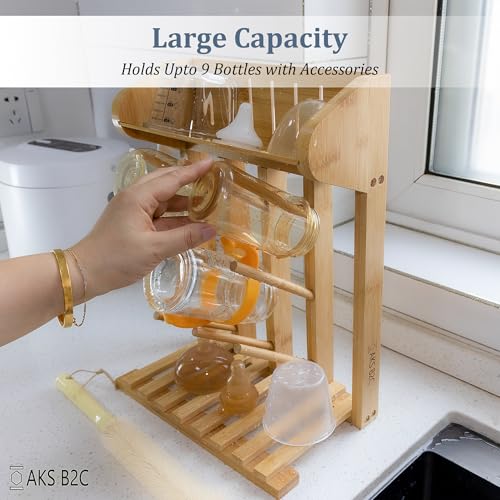 Baby Bottle Drying Rack Space Saving Countertop Vertical Rack with Brushes Holder (Bamboo) - color: Bamboo