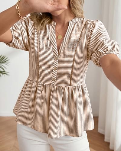 dowerme Women Lantern Sleeve Button Up Stripes Babydoll Tops - color: Brown, size: Medium