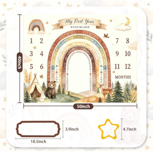 Woodland Boho Rainbow Baby Monthly Milestone Blanket, Newborn Photo Backdrop with Bear Deer Rabbit, Soft Flannel Monthly Milestone Blanket for Boy Girl Baby Shower,50x40inch - color: Boho Rainbow