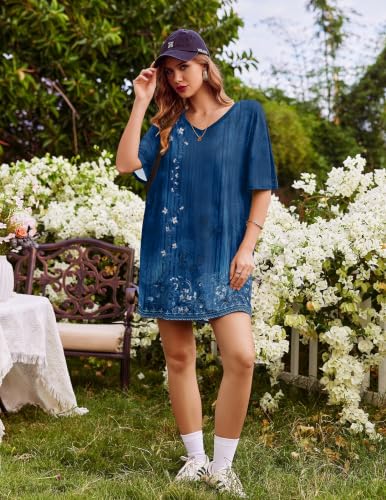 Ekouaer Plus Size Nightgowns for Women Oversized Sleep Shirt Tshirt Dress - color: Blue Flower, size: Medium