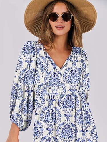 ANRABESS Womens Boho Floral 3/4 Puff Sleeve Maxi Dress - color: Blue Khaki, size: Small