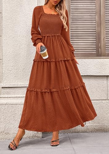 PRETTYGARDEN Women's Smocked Long Sleeve Maxi Dress Wedding Guest Dresses - color: Brown, size: Medium