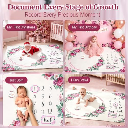 Monthly Milestone Blanket for Baby Girl Growth Chart Gift - color: Peony