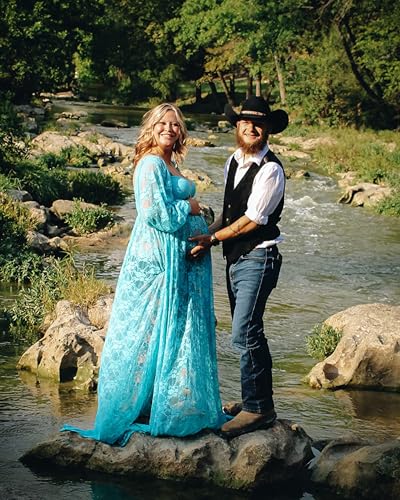 Saslax Sheer Lace Off Shoulder Maternity Maxi Dress for Photoshoot - color: Blue, size: Large