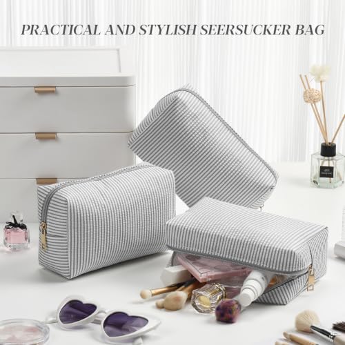 Sanwuta 6 Pcs Seersucker Cosmetic Bags Bulk, Striped Zippered,Light Grey - color: Light Grey