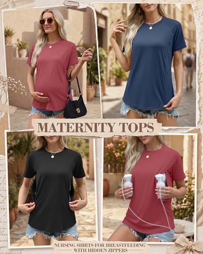 3 Pack Womens Nursing Tops - color: Haze Blue, Dark Pink, Black, size: Small