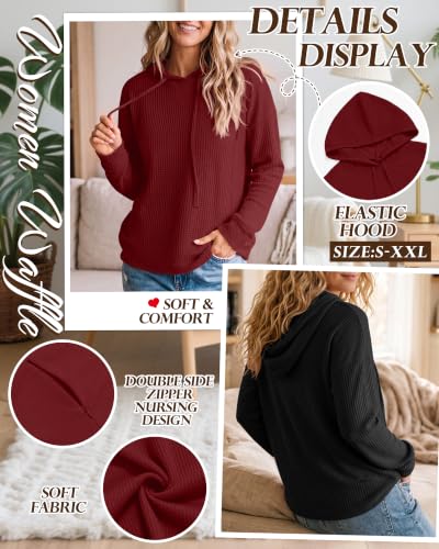 Ficerd 2 Pack Women‘s Nursing Waffle Hoodies with Hidden Zipper - color: Wine Red, Black, size: Small