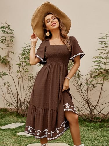 Glamaker Women's Short Sleeve Smocked Square Neck A Line Summer Flowy Maxi Long Dress - color: 01-brown, size: Medium
