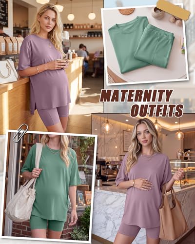 Huukeay 2 Pack Women Maternity Set Pregnancy Outfits - color: Gray Green, Mauve, size: Medium