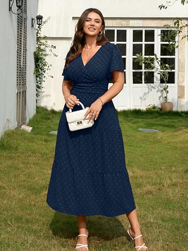 RWJ Women's Plus Size Wrap V Neck Summer Casual Holiday Wedding Maxi Dress - color: Navy Blue, size: Large Plus