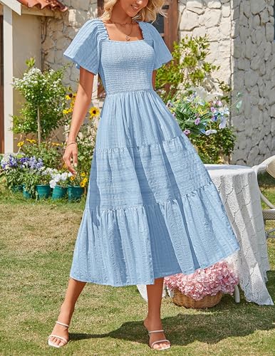 MEROKEETY Womens Summer Midi Dress Short Sleeve Square Neck Boho Long Dress - color: Blue, size: Large