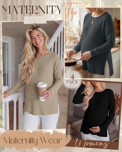 Xaatren 4 Pack Womens Maternity Long Sleeve Shirts Waffle Tops - color: Charcoal Gray, Khaki Green, Brown, Black, size: Medium