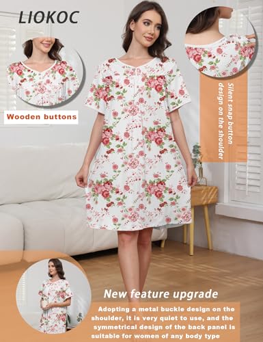 Hospital Gowns for Women Open Back Snap Post Shoulder Surgery Gown - color: Red and White Flower, size: Small