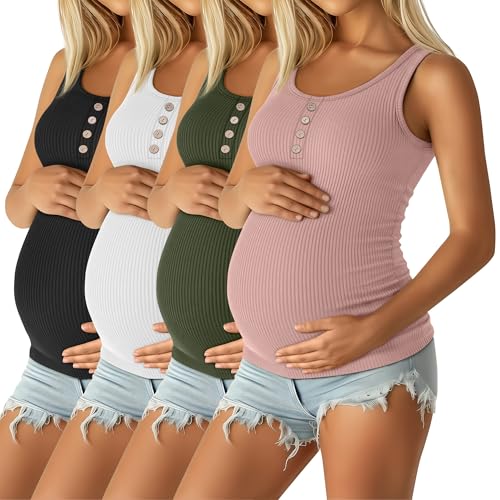 4 Pack Maternity Henley Tank Tops - color: Dusty Pink, Army Green, White, Black, size: Small