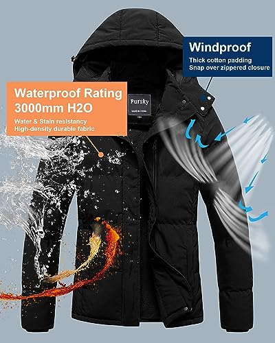 Pursky Women's Warm Winter Thicken Coat Waterproof Cropped Jackets Parka With Removable Hood - color: Black, size: Small