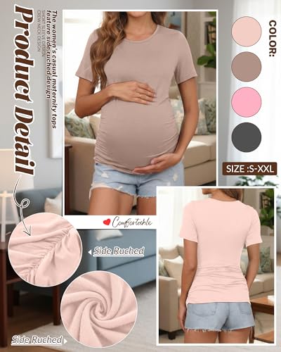 Huukeay 4 Pack Women's Short Sleeve Maternity Tops - color: Beige, Khaki, Light Pink, Dark Heather Gray, size: Medium