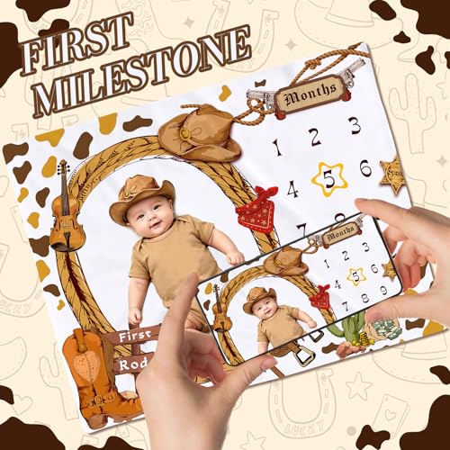 Cowboy Baby Milestone Blanket, Western Theme Cow Print Baby Growth Chart Blanket for Boy Newborn My First Rodeo Birthday Party Supplies 50"x40" with 2 Frame - color: Cowboy