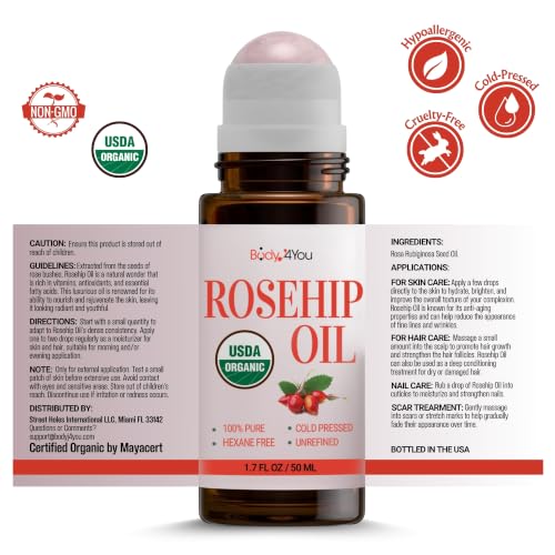 BodyJ4You Organic Rosehip Oil Roll On - Face Serum Scars Stretch Mark Spots - size: 1.7 Fl Oz (Pack of 1)