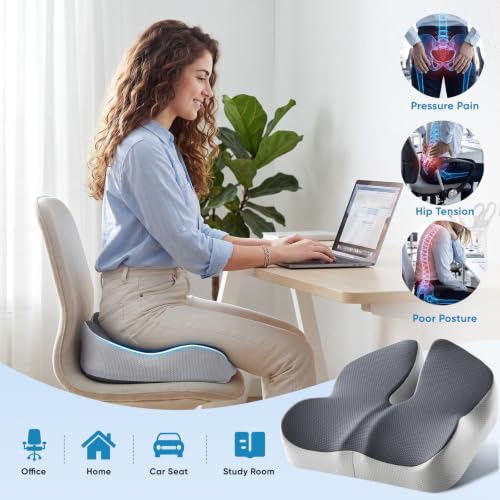 Thickened Adjustable Seat Cushion, 4.7-5.9" Ergonomic Memory Foam Cushion with Widened Coccyx Cutout for Tailbone Support, Sciatica Relief & Long Sitting, Butt Cushion for Office Chair