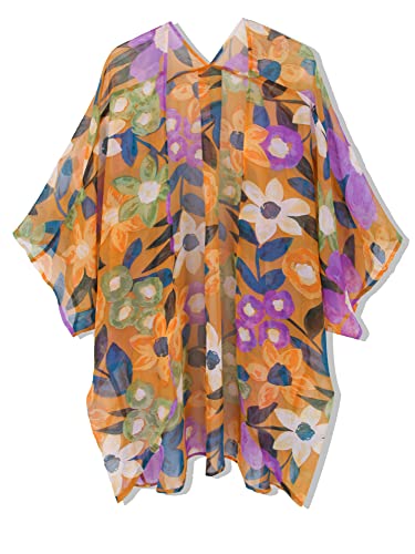 Moss Rose Women's Beach Kimono Coverup Sheer Chiffon Open Front Cover Ups - color: Orange Flora