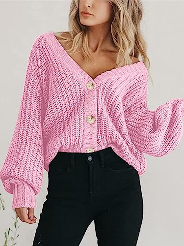 PRETTYGARDEN Women's Chunky Knit Open Front Cardigan Sweaters Fall Outfits - color: Pink, size: Medium