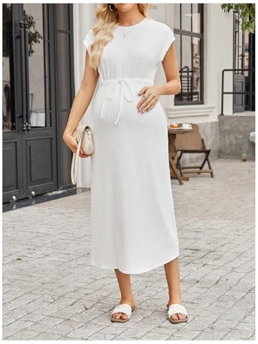 OYOANGLE Women's Maternity Summer Casual Short Sleeve Long Midi Dress - color: Khaki, size: X-Large