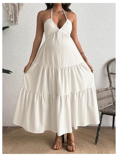 OYOANGLE Women's Summer Boho Maternity Dress Halter Flowy Baby Shower Dress - color: Apricot, size: Medium