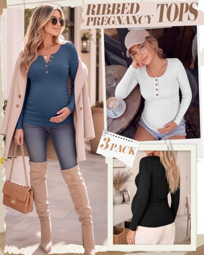 Huukeay 3 Pack Womens Maternity Long Sleeve Shirts Pregnancy Top - color: Haze Blue, White, Black, size: X-Large