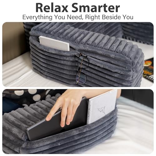 ENITYA 22" XL Back Pillow for Bed Sitting Up with Armrests & Big Pockets - color: Dark Grey, size: XL(5'3"-5'11")