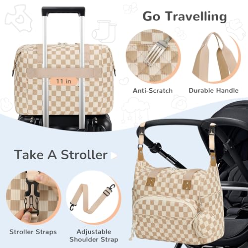 Tenot Diaper Bag Tote, Baby Bag with Pacifier Case, Khaki Checkered - color: Khaki Checkered